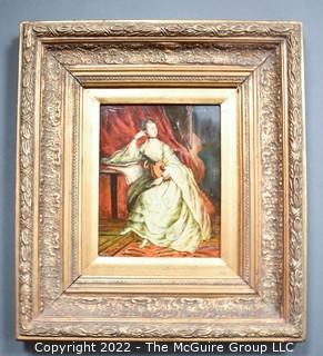 Gilt Framed Oil on Board Portrait of Woman Holding a Mandolin Signed by Artist P. Tomson.  17" x 19".