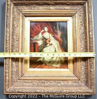 Gilt Framed Oil on Board Portrait of Woman Holding a Mandolin Signed by Artist P. Tomson.  17" x 19".