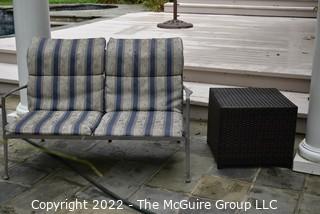 Outdoor Bench with Striped Cushion and Faux Straw Table