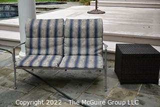 Outdoor Bench with Striped Cushion and Faux Straw Table