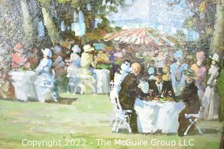 Gilt Framed Oil on Canvas of Garden Party Scene Signed By Artist.  Signature Illegible.  28" x 33" x 4"