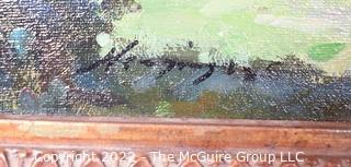 Gilt Framed Oil on Canvas of Garden Party Scene Signed By Artist.  Signature Illegible.  28" x 33" x 4"