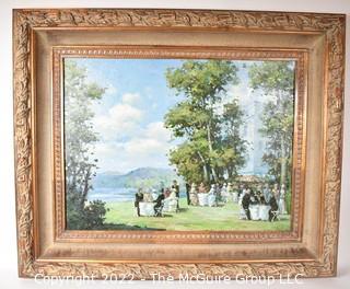 Gilt Framed Oil on Canvas of Garden Party Scene Signed By Artist.  Signature Illegible.  28" x 33" x 4"