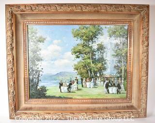 Gilt Framed Oil on Canvas of Garden Party Scene Signed By Artist.  Signature Illegible.  28" x 33" x 4"