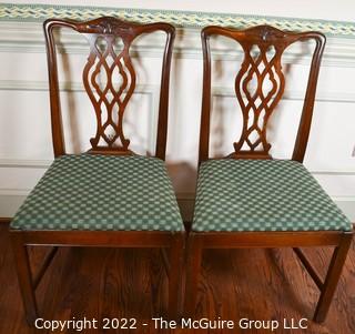 Set of Two (2) Sheraton Shellback Mahogany Dining Chairs with Green Upholstered Seats.