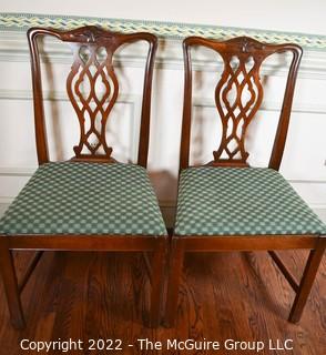 Set of Two (2) Sheraton Shellback Mahogany Dining Chairs with Green Upholstered Seats.