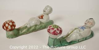 Two (2) Hand Painted Porcelain Chinese Figural Wall Mount Clothing Wall Hooks.  7" long