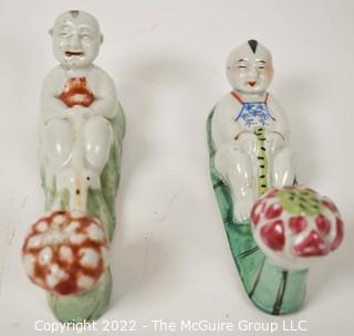 Two (2) Hand Painted Porcelain Chinese Figural Wall Mount Clothing Wall Hooks.  7" long