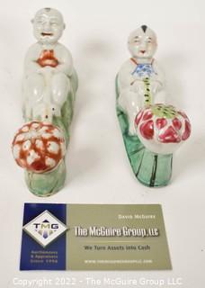 Two (2) Hand Painted Porcelain Chinese Figural Wall Mount Clothing Wall Hooks.  7" long