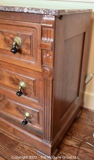 Antique Eastlake Style Walnut Travertine Marble Top Chest of Drawers. 30"W x 17"D x  30"T