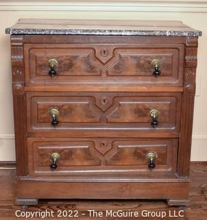 Antique Eastlake Style Walnut Travertine Marble Top Chest of Drawers. 30"W x 17"D x  30"T