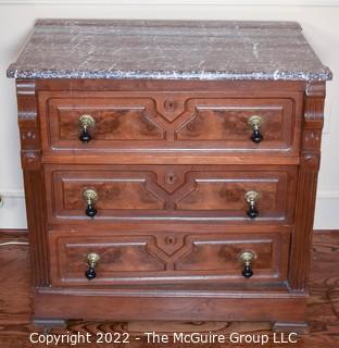 Antique Eastlake Style Walnut Travertine Marble Top Chest of Drawers. 30"W x 17"D x  30"T