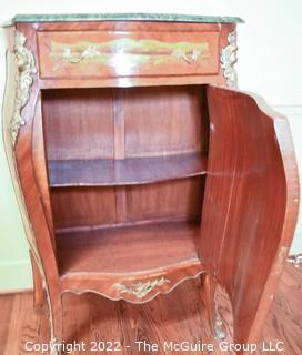 French Louis XV Style Bombe Painted Commode with Marbel Top and Brass Figural Accents.  18" x 34" x 48".