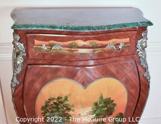 French Louis XV Style Bombe Painted Commode with Marbel Top and Brass Figural Accents.  18" x 34" x 48".