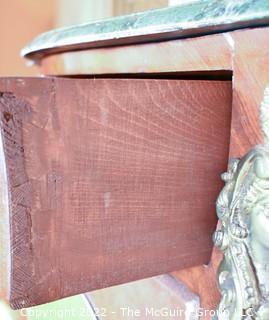 French Louis XV Style Bombe Painted Commode with Marbel Top and Brass Figural Accents.  18" x 34" x 48".