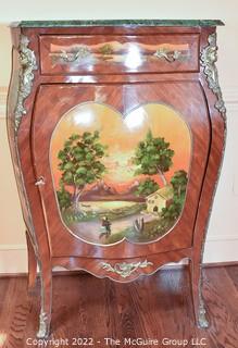 French Louis XV Style Bombe Painted Commode with Marbel Top and Brass Figural Accents.  18" x 34" x 48".