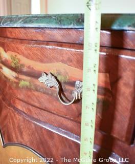 French Louis XV Style Bombe Painted Commode with Marbel Top and Brass Figural Accents.  18" x 34" x 48".