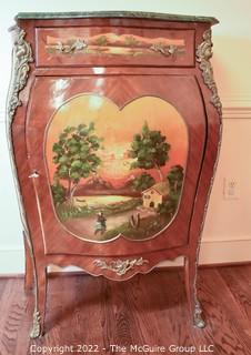 French Louis XV Style Bombe Painted Commode with Marbel Top and Brass Figural Accents.  18" x 34" x 48".