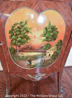 French Louis XV Style Bombe Painted Commode with Marbel Top and Brass Figural Accents.  18" x 34" x 48".