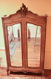 French 20th Century Louis XV Walnut Two Door Mirrored Armoire With Carved Ornate Cartouche, Shelves, Drawers And Key.  Separates into three pieces.  78" x 96" x 51"