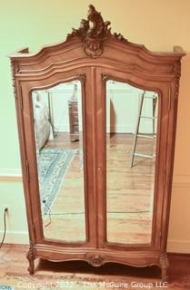 French 20th Century Louis XV Walnut Two Door Mirrored Armoire With Carved Ornate Cartouche, Shelves, Drawers And Key.  Separates into three pieces.  78" x 96" x 51"