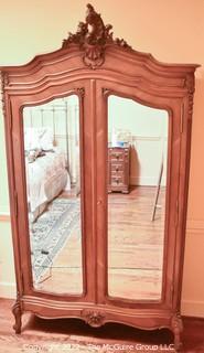 French 20th Century Louis XV Walnut Two Door Mirrored Armoire With Carved Ornate Cartouche, Shelves, Drawers And Key.  Separates into three pieces.  78" x 96" x 51"