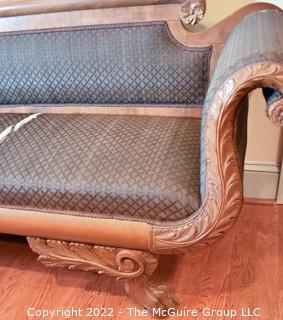 Victorian 19th Century Carved Wood with Blue Upholstery Sofa. Tear in seat.  88"L x 26"T