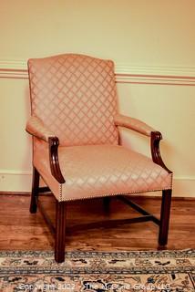 Sheraton Style Pink Upholstered Wingback Chair.  27" x 39"