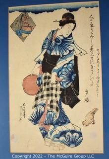 Framed Under Glass Color Woodblock Print on Paper of Geisha or Courtesan with Bird, Signed . 15" x 20"