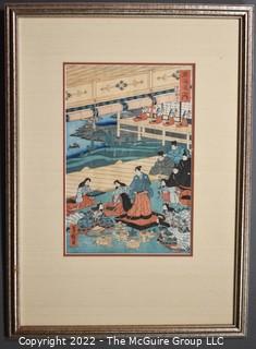 Framed Under Glass Color Woodblock Print on Paper of Temple Scene, Signed, Possibly by Hiroshige II  16" x 23".