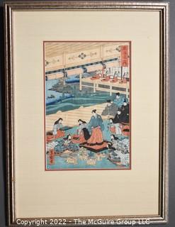 Framed Under Glass Color Woodblock Print on Paper of Temple Scene, Signed, Possibly by Hiroshige II  16" x 23".