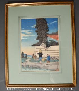 Framed Under Glass Color Woodblock Print on Paper of Vegetable Peddler at Tomitori, by Takahashi Shōtei.  15" x 12".