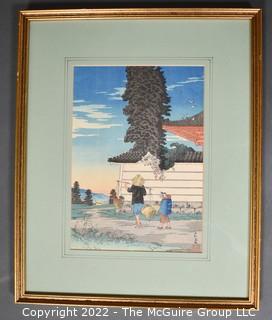 Framed Under Glass Color Woodblock Print on Paper of Vegetable Peddler at Tomitori, by Takahashi Shōtei.  15" x 12".