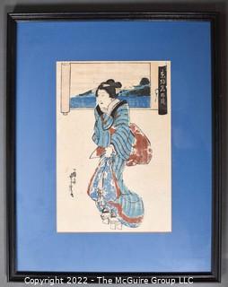 Framed Under Glass Color Woodblock Print on Paper of Geisha or Courtesan with Bird, Signed . 15" x 20".