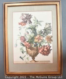 Framed Under Glass Imported and Colored Engraving of Flowers.  27" x 21".