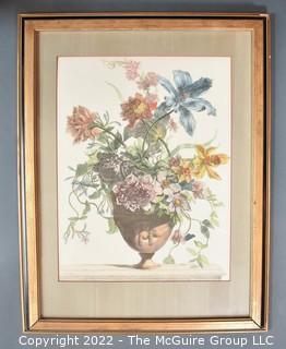 Framed Under Glass Imported and Colored Engraving of Flowers.  27" x 21".