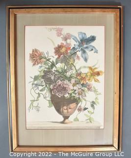 Framed Under Glass Imported and Colored Engraving of Flowers.  27" x 21".