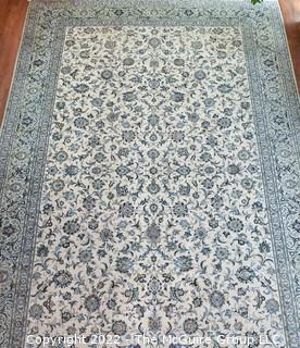 Palace Size 11 x 18' Blue Floral Repeating Pattern On White Ground with Border, Made in Iran, Hand Knotted Wood Pile Rug.  Wear to Center and Edges. 