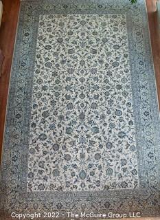 Palace Size 11 x 18' Blue Floral Repeating Pattern On White Ground with Border, Made in Iran, Hand Knotted Wood Pile Rug.  Wear to Center and Edges. 