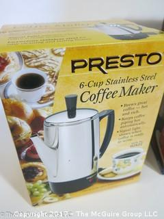 Housewares including PRESTO 6 cup coffee maker, FARBERWARE coffee pot and OGGI 10 pc. bar set