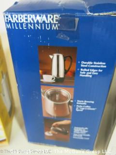 Housewares including PRESTO 6 cup coffee maker, FARBERWARE coffee pot and OGGI 10 pc. bar set