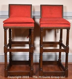 Two (2) Red Upholstered Spanish Style Bar Stools with Brass Tacks