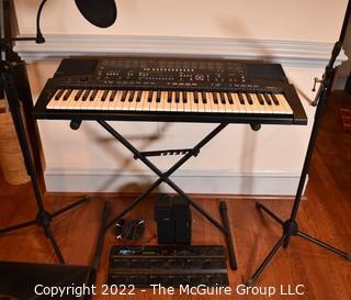 Yamaha PSR-410 Key Board, Digitech RP-1 Guitar FX Preamp Processor, Speakers and Stands.  Cord Missing, Untested.