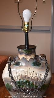 Heavy Primitive Artisan Made Pottery Moon Flask with Chain Table Lamp. 