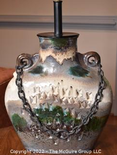 Heavy Primitive Artisan Made Pottery Moon Flask with Chain Table Lamp. 