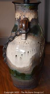 Heavy Primitive Artisan Made Pottery Moon Flask with Chain Table Lamp. 