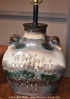 Heavy Primitive Artisan Made Pottery Moon Flask with Chain Table Lamp. 