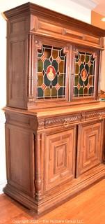 European 19th Century Renaissance Revival Style Hutch or Bar Cabinet with Stained Glass Doors One Glass Pane is Out and Bottom Door Off Hinge.  55" W 74"T 