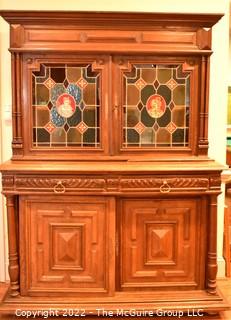 European 19th Century Renaissance Revival Style Hutch or Bar Cabinet with Stained Glass Doors One Glass Pane is Out and Bottom Door Off Hinge.  55" W 74"T 