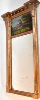 19th Century Empire Reverse Painted Giltwood Trumeau Wall Mirror 34" x 33".